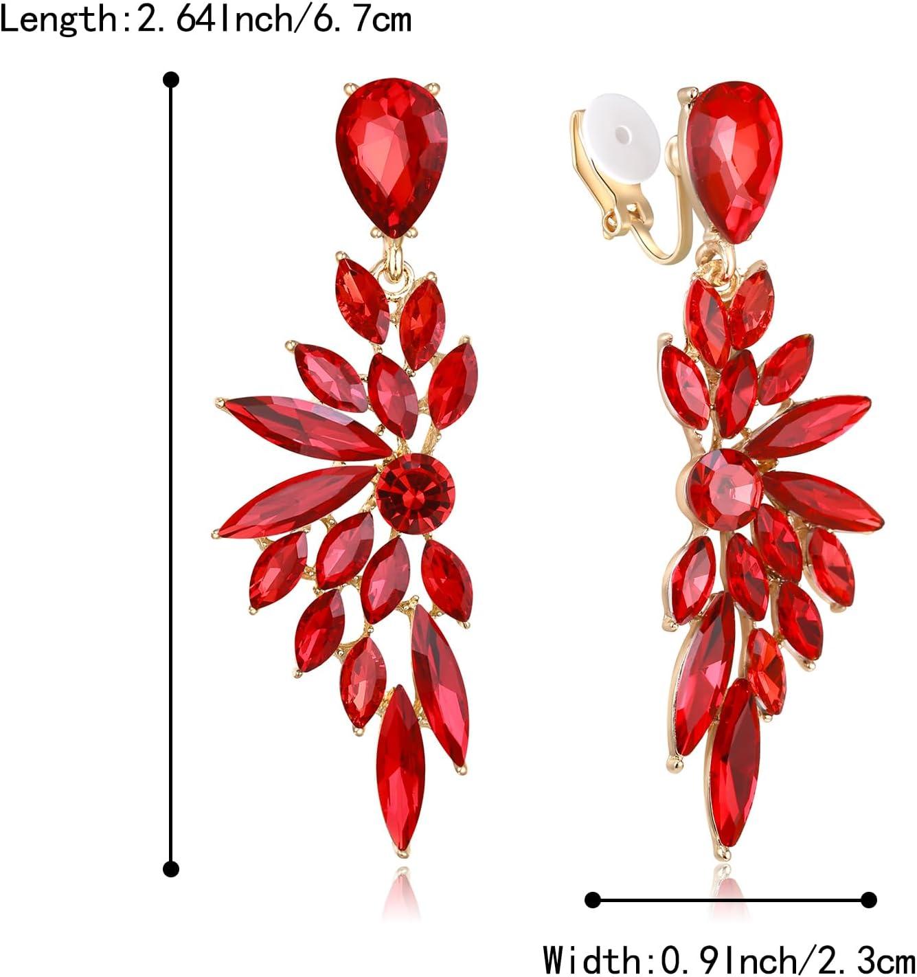 imageBriLove Clipon Earrings for WomenGorgeous Shiny Rhinestones Marquise Cluster Leaf Drop Earring for Wedding Party Prom Jewelry AccessoriesRuby Color GoldTone