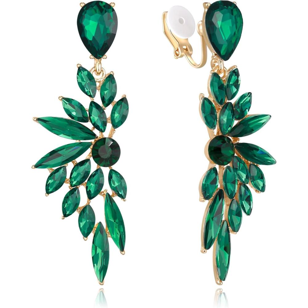 imageBriLove Clipon Earrings for WomenGorgeous Shiny Rhinestones Marquise Cluster Leaf Drop Earring for Wedding Party Prom Jewelry AccessoriesEmerald Color GoldTone