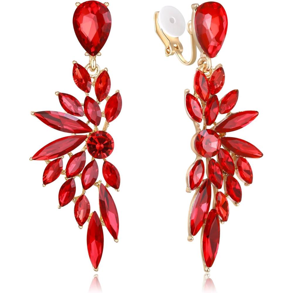 imageBriLove Clipon Earrings for WomenGorgeous Shiny Rhinestones Marquise Cluster Leaf Drop Earring for Wedding Party Prom Jewelry AccessoriesRuby Color GoldTone