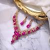 imageBriLove Womens Wedding Bridal Austrian Crystal Teardrop Flower Cluster Statement Necklace Dangle Earrings Jewelry Set for Party Prom2PcsHot Pink GoldTone