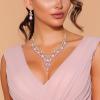 imageBriLove Womens Wedding Bridal Austrian Crystal Teardrop Flower Cluster Statement Necklace Dangle Earrings Jewelry Set for Party Prom2PcsPink GoldTone
