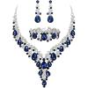 imageBriLove Womens Wedding Bridal Austrian Crystal Teardrop Flower Cluster Statement Necklace Dangle Earrings Jewelry Set for Party Prom3PcsSapphire Color SilverTone