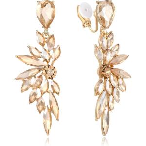 imageBriLove Clipon Earrings for WomenGorgeous Shiny Rhinestones Marquise Cluster Leaf Drop Earring for Wedding Party Prom Jewelry AccessoriesChampagne GoldTone