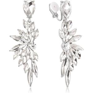 imageBriLove Clipon Earrings for WomenGorgeous Shiny Rhinestones Marquise Cluster Leaf Drop Earring for Wedding Party Prom Jewelry AccessoriesClear SilverTone