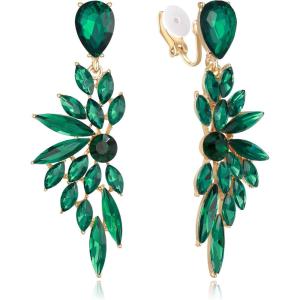 imageBriLove Clipon Earrings for WomenGorgeous Shiny Rhinestones Marquise Cluster Leaf Drop Earring for Wedding Party Prom Jewelry AccessoriesEmerald Color GoldTone