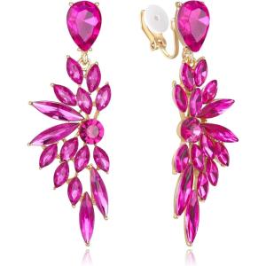 imageBriLove Clipon Earrings for WomenGorgeous Shiny Rhinestones Marquise Cluster Leaf Drop Earring for Wedding Party Prom Jewelry AccessoriesHot Pink GoldTone