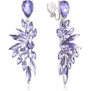 imageBriLove Clipon Earrings for WomenGorgeous Shiny Rhinestones Marquise Cluster Leaf Drop Earring for Wedding Party Prom Jewelry AccessoriesLight Purple SilverTone