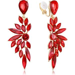 imageBriLove Clipon Earrings for WomenGorgeous Shiny Rhinestones Marquise Cluster Leaf Drop Earring for Wedding Party Prom Jewelry AccessoriesRuby Color GoldTone