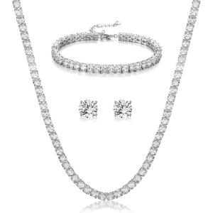 imageBriLove Wedding Bridal Cubic Zirconia Classic Sparkling Tennis Bracelet Necklace Earrings Jewelry Set for Women Clear SilverTone