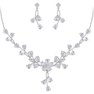 imageBriLove Wedding Jewelry Set for Bride Teardrop CZ Flower Leaf Filigree Necklace Earrings for PromClear