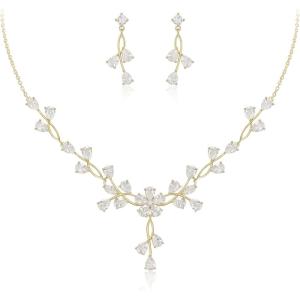imageBriLove Wedding Jewelry Set for Bride Teardrop CZ Flower Leaf Filigree Necklace Earrings for PromClear goldtone