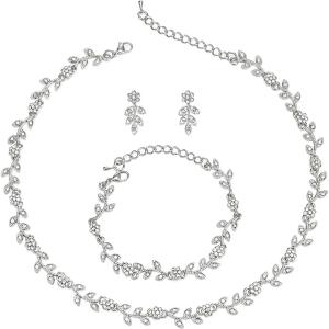 imageBriLove Wedding Jewelry Set for Women Bride Gorgeous Stunning Crystal Flower Leaf Cluster Choker Necklace Link Bracelet Stud Earrings Bridal BridesmaidClear SilverTone