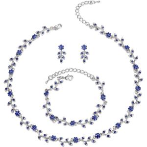 imageBriLove Wedding Jewelry Set for Women Bride Gorgeous Stunning Crystal Flower Leaf Cluster Choker Necklace Link Bracelet Stud Earrings Bridal BridesmaidRoyal Blue SilverTone