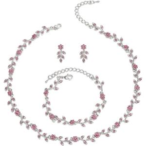 imageBriLove Wedding Jewelry Set for Women Bride Gorgeous Stunning Crystal Flower Leaf Cluster Choker Necklace Link Bracelet Stud Earrings Bridal BridesmaidPink SilverTone