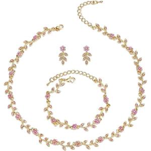 imageBriLove Wedding Jewelry Set for Women Bride Gorgeous Stunning Crystal Flower Leaf Cluster Choker Necklace Link Bracelet Stud Earrings Bridal BridesmaidPink GoldTone