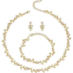 imageBriLove Wedding Jewelry Set for Women Bride Gorgeous Stunning Crystal Flower Leaf Cluster Choker Necklace Link Bracelet Stud Earrings Bridal BridesmaidIridescent AB GoldTone