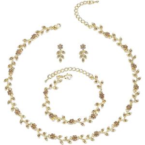imageBriLove Wedding Jewelry Set for Women Bride Gorgeous Stunning Crystal Flower Leaf Cluster Choker Necklace Link Bracelet Stud Earrings Bridal BridesmaidChampagne GoldTone