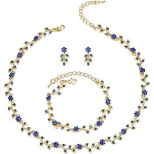 imageBriLove Wedding Jewelry Set for Women Bride Gorgeous Stunning Crystal Flower Leaf Cluster Choker Necklace Link Bracelet Stud Earrings Bridal BridesmaidRoyal Blue GoldTone