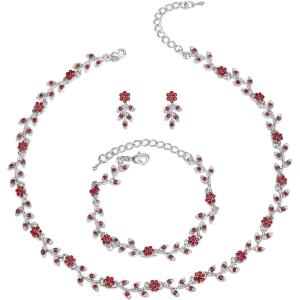 imageBriLove Wedding Jewelry Set for Women Bride Gorgeous Stunning Crystal Flower Leaf Cluster Choker Necklace Link Bracelet Stud Earrings Bridal BridesmaidRuby Color SilverTone