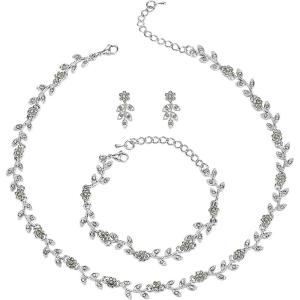 imageBriLove Wedding Jewelry Set for Women Bride Gorgeous Stunning Crystal Flower Leaf Cluster Choker Necklace Link Bracelet Stud Earrings Bridal BridesmaidGrey SilverTone