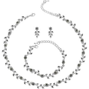 imageBriLove Wedding Jewelry Set for Women Bride Gorgeous Stunning Crystal Flower Leaf Cluster Choker Necklace Link Bracelet Stud Earrings Bridal BridesmaidGrey Black SilverTone