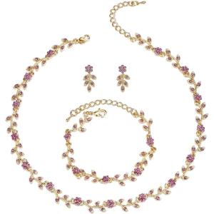 imageBriLove Wedding Jewelry Set for Women Bride Gorgeous Stunning Crystal Flower Leaf Cluster Choker Necklace Link Bracelet Stud Earrings Bridal BridesmaidPurple GoldTone