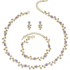 imageBriLove Wedding Jewelry Set for Women Bride Gorgeous Stunning Crystal Flower Leaf Cluster Choker Necklace Link Bracelet Stud Earrings Bridal BridesmaidLight Purple GoldTone