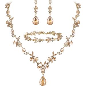 imageBriLove Wedding Jewelry Set for Women Bride YNecklace Tennis Bracelet Dangle Earrings Crystal Teardrop Marquise Cluster for Bridal Bridesmaid01Champagne GoldToned