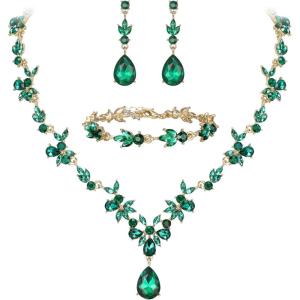 imageBriLove Wedding Jewelry Set for Women Bride YNecklace Tennis Bracelet Dangle Earrings Crystal Teardrop Marquise Cluster for Bridal Bridesmaid02Emerald Color GoldTone