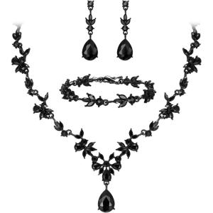 imageBriLove Wedding Jewelry Set for Women Bride YNecklace Tennis Bracelet Dangle Earrings Crystal Teardrop Marquise Cluster for Bridal Bridesmaid03Black BlackTone