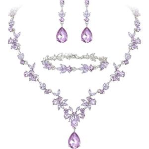imageBriLove Wedding Jewelry Set for Women Bride YNecklace Tennis Bracelet Dangle Earrings Crystal Teardrop Marquise Cluster for Bridal Bridesmaid04Light Purple SilverTone