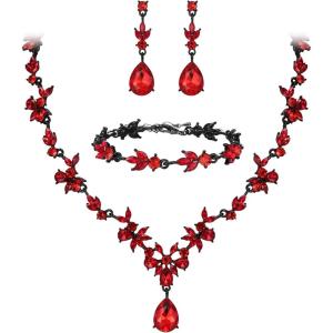 imageBriLove Wedding Jewelry Set for Women Bride YNecklace Tennis Bracelet Dangle Earrings Crystal Teardrop Marquise Cluster for Bridal Bridesmaid05Ruby Color BlackTone
