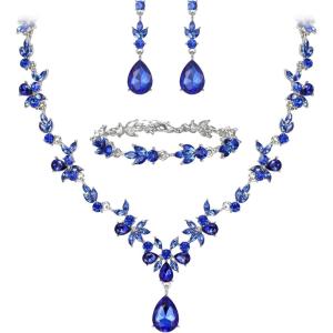 imageBriLove Wedding Jewelry Set for Women Bride YNecklace Tennis Bracelet Dangle Earrings Crystal Teardrop Marquise Cluster for Bridal Bridesmaid06Blue SilverTone