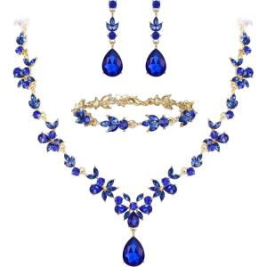imageBriLove Wedding Jewelry Set for Women Bride YNecklace Tennis Bracelet Dangle Earrings Crystal Teardrop Marquise Cluster for Bridal Bridesmaid08Blue GoldTone