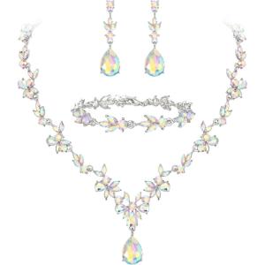 imageBriLove Wedding Jewelry Set for Women Bride YNecklace Tennis Bracelet Dangle Earrings Crystal Teardrop Marquise Cluster for Bridal Bridesmaid09Iridescent AB SilverTone