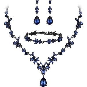 imageBriLove Wedding Jewelry Set for Women Bride YNecklace Tennis Bracelet Dangle Earrings Crystal Teardrop Marquise Cluster for Bridal Bridesmaid10Sapphire Color GoldTone