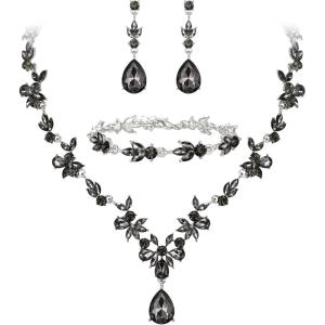 imageBriLove Wedding Jewelry Set for Women Bride YNecklace Tennis Bracelet Dangle Earrings Crystal Teardrop Marquise Cluster for Bridal Bridesmaid11Grey SilverTone