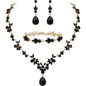 imageBriLove Wedding Jewelry Set for Women Bride YNecklace Tennis Bracelet Dangle Earrings Crystal Teardrop Marquise Cluster for Bridal BridesmaidBlack GoldTone