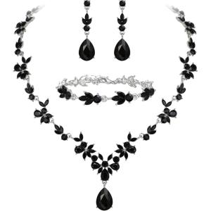 imageBriLove Wedding Jewelry Set for Women Bride YNecklace Tennis Bracelet Dangle Earrings Crystal Teardrop Marquise Cluster for Bridal BridesmaidBlack SilverTone