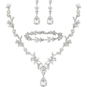 imageBriLove Wedding Jewelry Set for Women Bride YNecklace Tennis Bracelet Dangle Earrings Crystal Teardrop Marquise Cluster for Bridal BridesmaidClear SilverTone