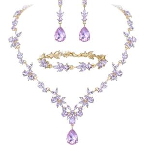 imageBriLove Wedding Jewelry Set for Women Bride YNecklace Tennis Bracelet Dangle Earrings Crystal Teardrop Marquise Cluster for Bridal BridesmaidLight Purple GoldTone