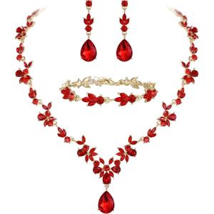 imageBriLove Wedding Jewelry Set for Women Bride YNecklace Tennis Bracelet Dangle Earrings Crystal Teardrop Marquise Cluster for Bridal BridesmaidRuby Color GoldTone