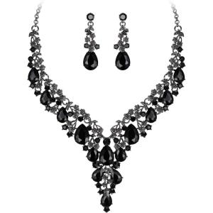 imageBriLove Womens Wedding Bridal Austrian Crystal Teardrop Flower Cluster Statement Necklace Dangle Earrings Jewelry Set for Party Prom2PcsBlack BlackTone