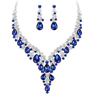 imageBriLove Womens Wedding Bridal Austrian Crystal Teardrop Flower Cluster Statement Necklace Dangle Earrings Jewelry Set for Party Prom2PcsBlue SilverTone