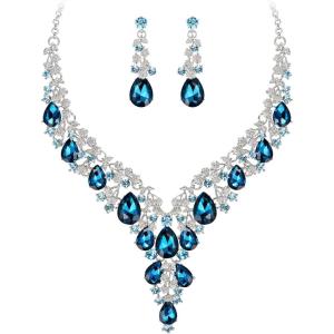 imageBriLove Womens Wedding Bridal Austrian Crystal Teardrop Flower Cluster Statement Necklace Dangle Earrings Jewelry Set for Party Prom2PcsBlue Topaz SilverTone