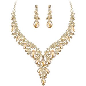 imageBriLove Womens Wedding Bridal Austrian Crystal Teardrop Flower Cluster Statement Necklace Dangle Earrings Jewelry Set for Party Prom2PcsChampagne GoldTone