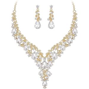 imageBriLove Womens Wedding Bridal Austrian Crystal Teardrop Flower Cluster Statement Necklace Dangle Earrings Jewelry Set for Party Prom2PcsClear GoldTone