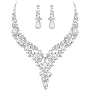 imageBriLove Womens Wedding Bridal Austrian Crystal Teardrop Flower Cluster Statement Necklace Dangle Earrings Jewelry Set for Party Prom2PcsClear SilverTone