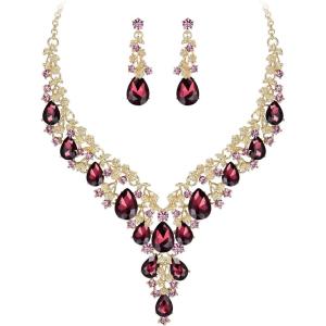 imageBriLove Womens Wedding Bridal Austrian Crystal Teardrop Flower Cluster Statement Necklace Dangle Earrings Jewelry Set for Party Prom2PcsDeep Amethyst Color GoldTone