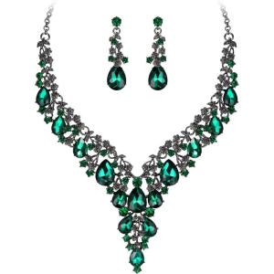 imageBriLove Womens Wedding Bridal Austrian Crystal Teardrop Flower Cluster Statement Necklace Dangle Earrings Jewelry Set for Party Prom2PcsEmerald Color BlackTone